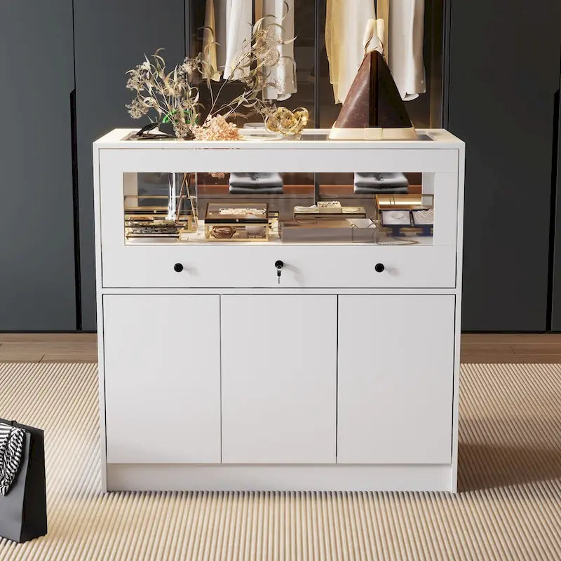 Vitrine à bijoux avec plateau en verre et commode de rangement sécurisée