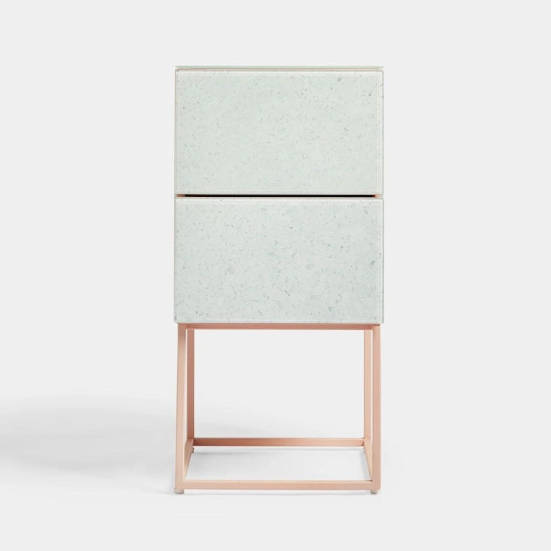 Table de chevet double tiroir en verre trempé et pierre marbrée pour chambre ou salon