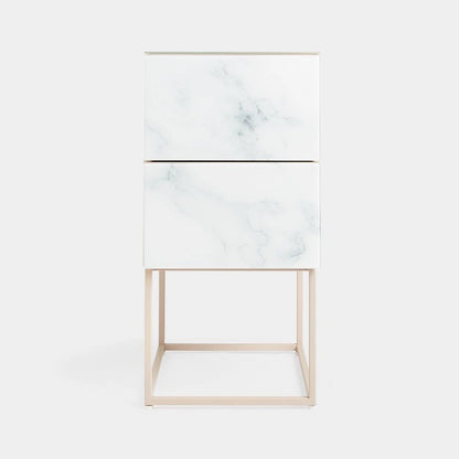 Table de chevet double tiroir en verre trempé et pierre marbrée pour chambre ou salon