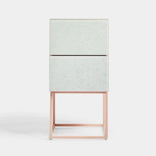 Tempered Glass Marble Stone Double Drawer Nightstand Bedside Table for Bedroom, Living Room