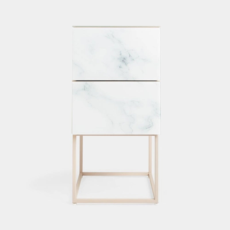 Table de chevet double tiroir en verre trempé et pierre marbrée pour chambre ou salon
