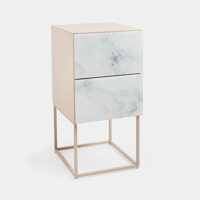 Table de chevet double tiroir en verre trempé et pierre marbrée pour chambre ou salon
