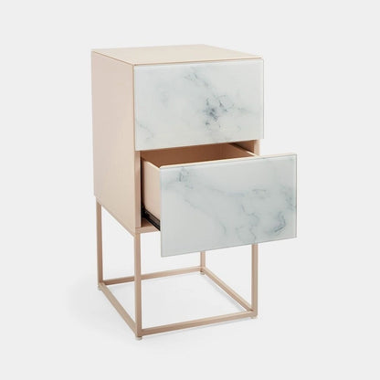Table de chevet double tiroir en verre trempé et pierre marbrée pour chambre ou salon