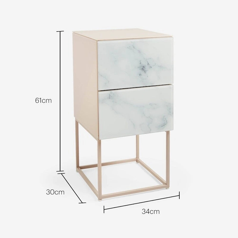 Table de chevet double tiroir en verre trempé et pierre marbrée pour chambre ou salon
