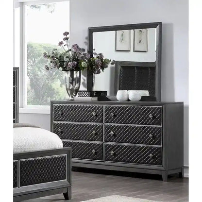 Ensemble de chambre moderne gris 6 pièces comprenant lit, tables de chevet, commode, miroir et chiffonnier.