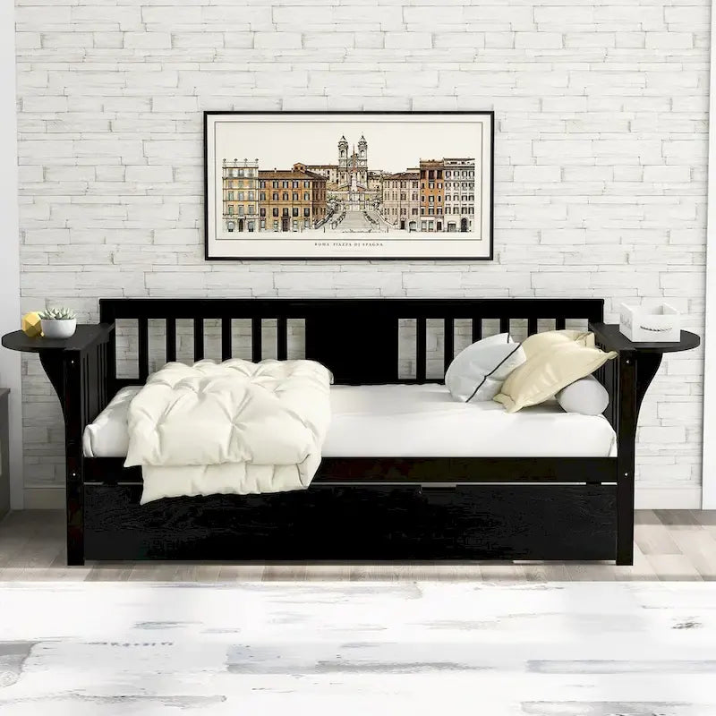 Lit de jour double en bois avec lit gigogne, canapé-lit pour chambre ou salon