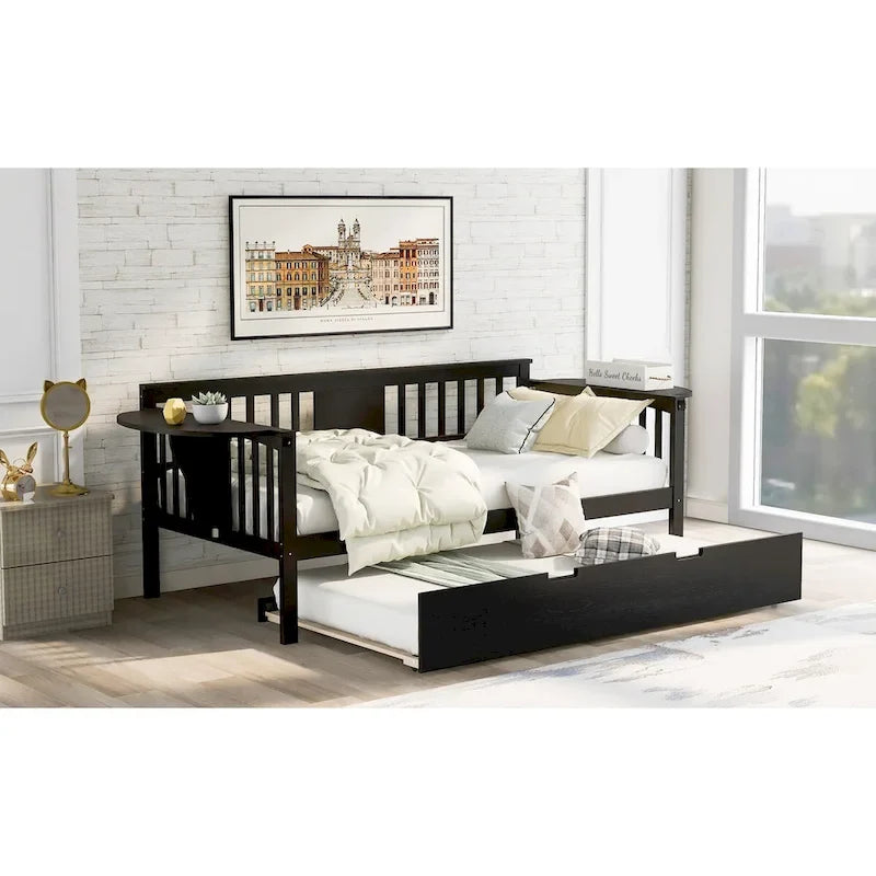 Lit de jour double en bois avec lit gigogne, canapé-lit pour chambre ou salon
