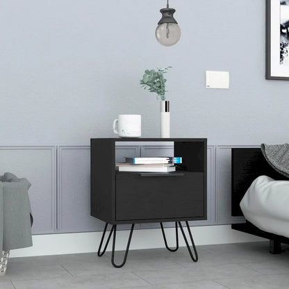 Table de chevet 56 cm de hauteur, une étagère ouverte, meuble à une porte, pieds en épingle à cheveux, noire