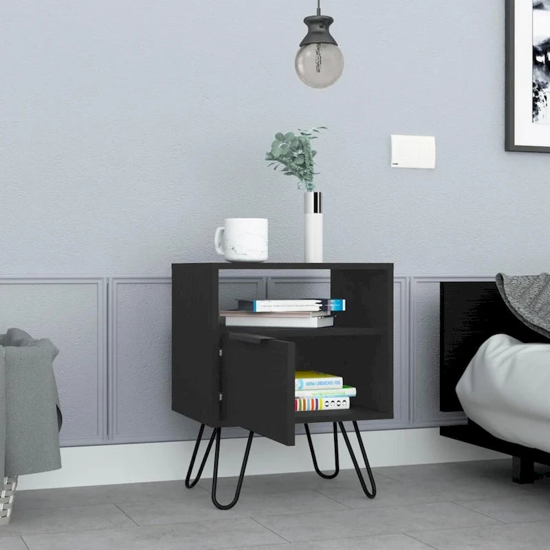 Table de chevet 56 cm de hauteur, une étagère ouverte, meuble à une porte, pieds en épingle à cheveux, noire