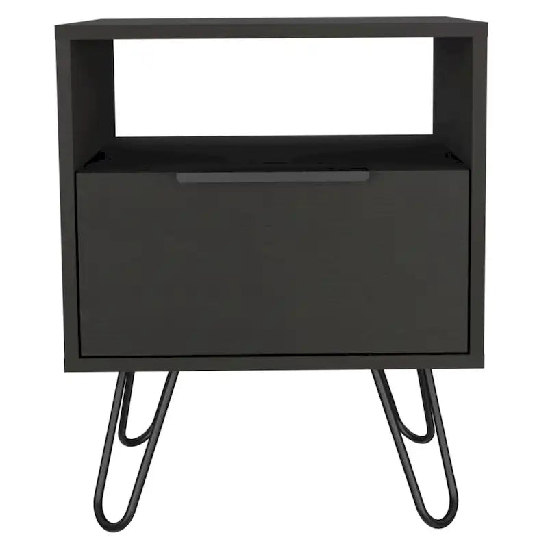 Table de chevet 56 cm de hauteur, une étagère ouverte, meuble à une porte, pieds en épingle à cheveux, noire