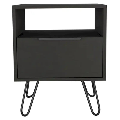 Table de chevet 56 cm de hauteur, une étagère ouverte, meuble à une porte, pieds en épingle à cheveux, noire