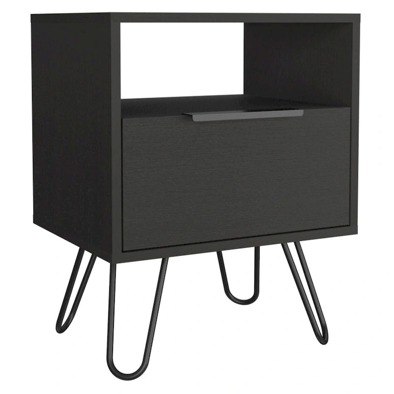 Table de chevet 56 cm de hauteur, une étagère ouverte, meuble à une porte, pieds en épingle à cheveux, noire