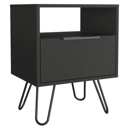 Table de chevet 56 cm de hauteur, une étagère ouverte, meuble à une porte, pieds en épingle à cheveux, noire