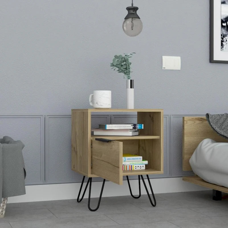 Table de chevet 56 cm de hauteur, une étagère ouverte, meuble à une porte, pieds en épingle à cheveux, noire