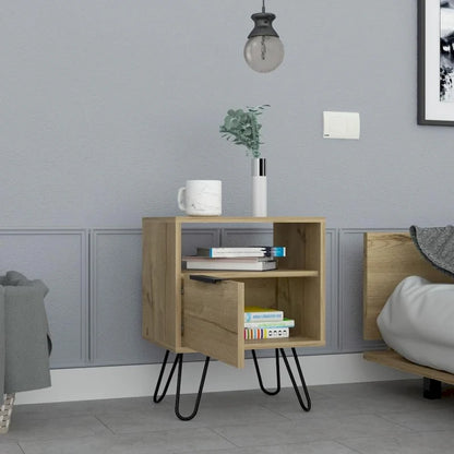 Table de chevet 56 cm de hauteur, une étagère ouverte, meuble à une porte, pieds en épingle à cheveux, noire