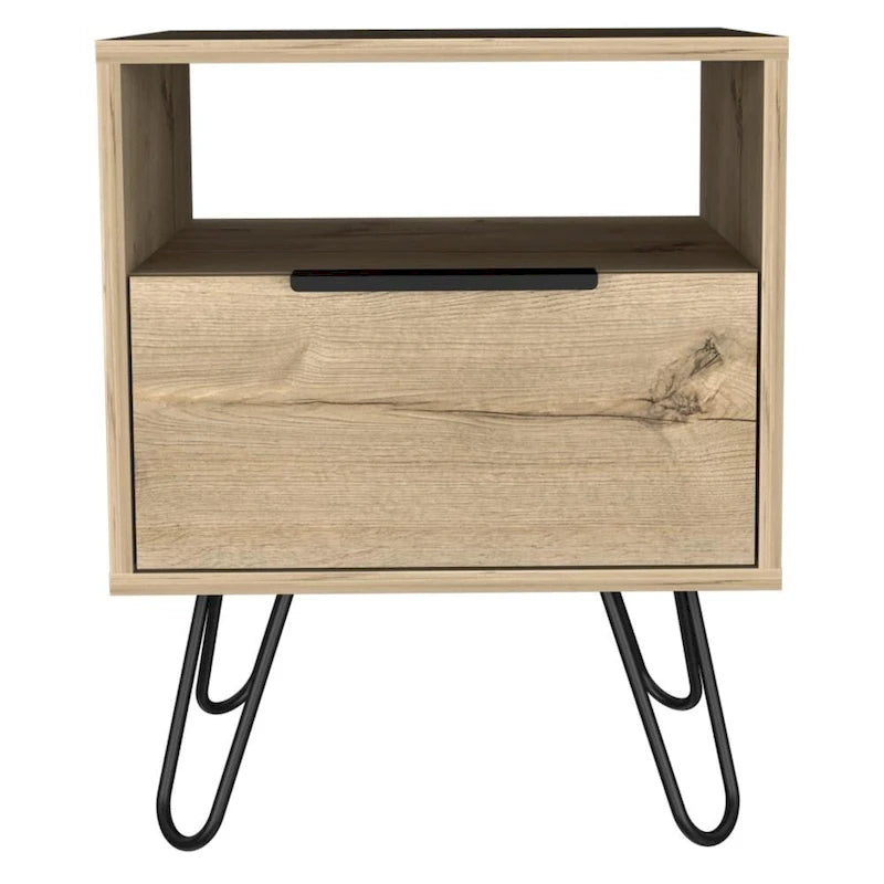 Table de chevet 56 cm de hauteur, une étagère ouverte, meuble à une porte, pieds en épingle à cheveux, noire