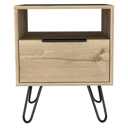 Table de chevet 56 cm de hauteur, une étagère ouverte, meuble à une porte, pieds en épingle à cheveux, noire