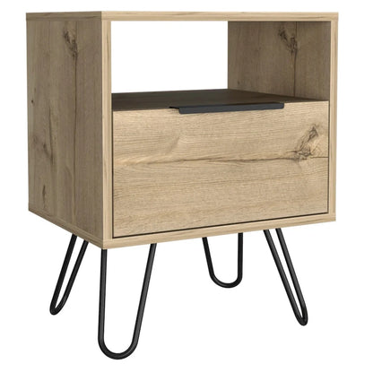 Table de chevet 56 cm de hauteur, une étagère ouverte, meuble à une porte, pieds en épingle à cheveux, noire