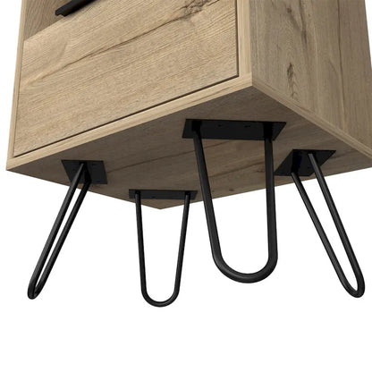 Table de chevet 56 cm de hauteur, une étagère ouverte, meuble à une porte, pieds en épingle à cheveux, noire