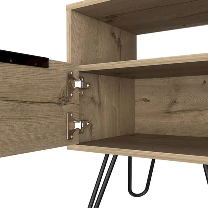 Table de chevet 56 cm de hauteur, une étagère ouverte, meuble à une porte, pieds en épingle à cheveux, noire