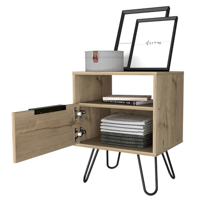 Table de chevet 56 cm de hauteur, une étagère ouverte, meuble à une porte, pieds en épingle à cheveux, noire