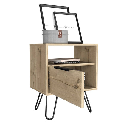 Table de chevet 56 cm de hauteur, une étagère ouverte, meuble à une porte, pieds en épingle à cheveux, noire