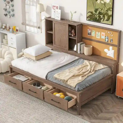 Canapé-lit Nestfair pour une personne avec étagères de rangement, tableau en liège, ports USB et 3 tiroirs