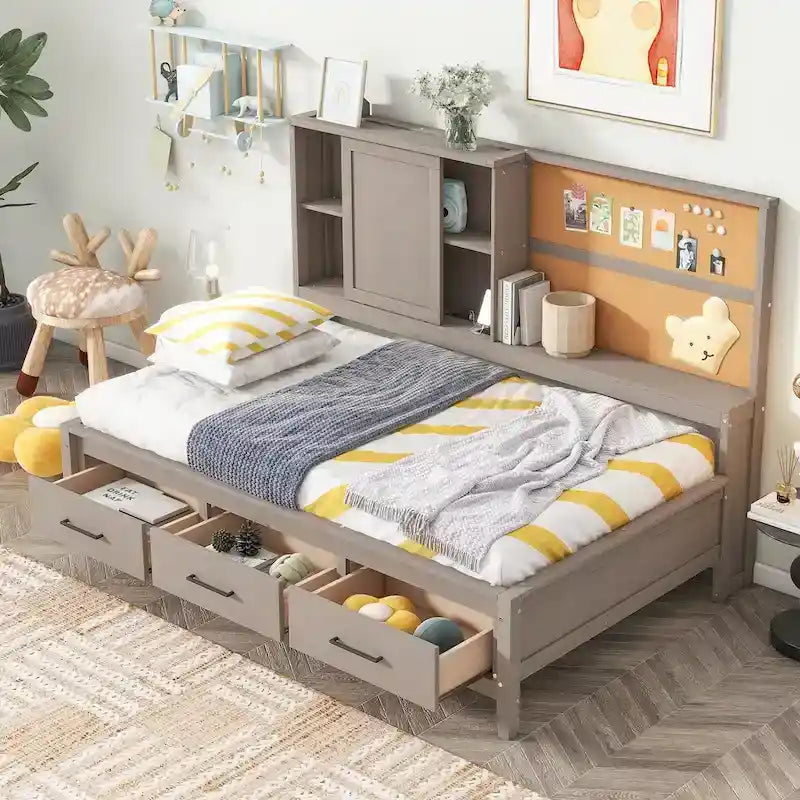 Canapé-lit Nestfair pour une personne avec étagères de rangement, tableau en liège, ports USB et 3 tiroirs