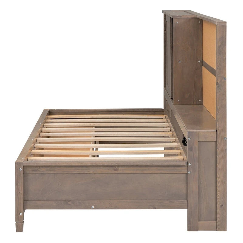 Canapé-lit Nestfair pour une personne avec étagères de rangement, tableau en liège, ports USB et 3 tiroirs