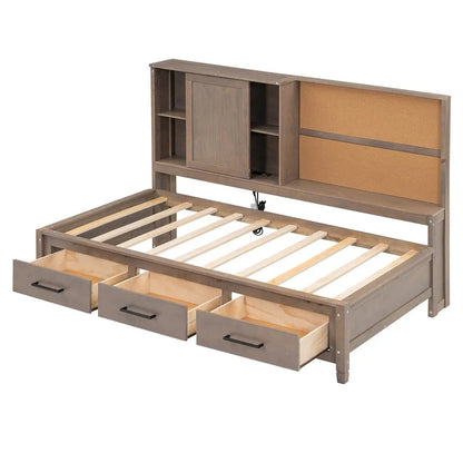 Canapé-lit Nestfair pour une personne avec étagères de rangement, tableau en liège, ports USB et 3 tiroirs