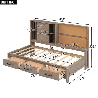 Canapé-lit Nestfair pour une personne avec étagères de rangement, tableau en liège, ports USB et 3 tiroirs