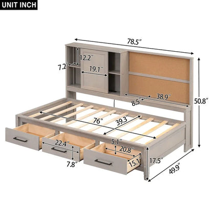 Canapé-lit Nestfair pour une personne avec étagères de rangement, tableau en liège, ports USB et 3 tiroirs
