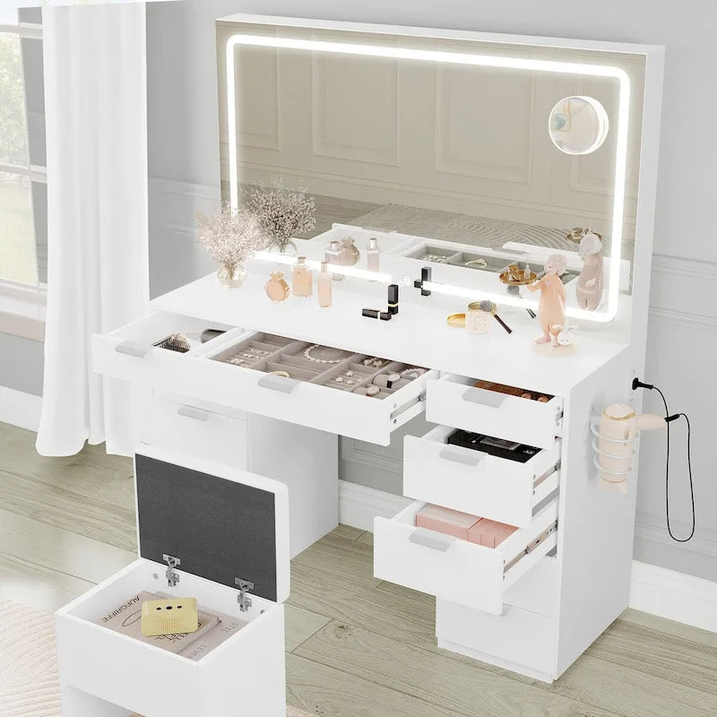 Meuble-lavabo Moasis 46 avec prise intégrée, miroir éclairé et support pour sèche-cheveux - 55,8 cm H x 46 cm L x 11,7 cm P