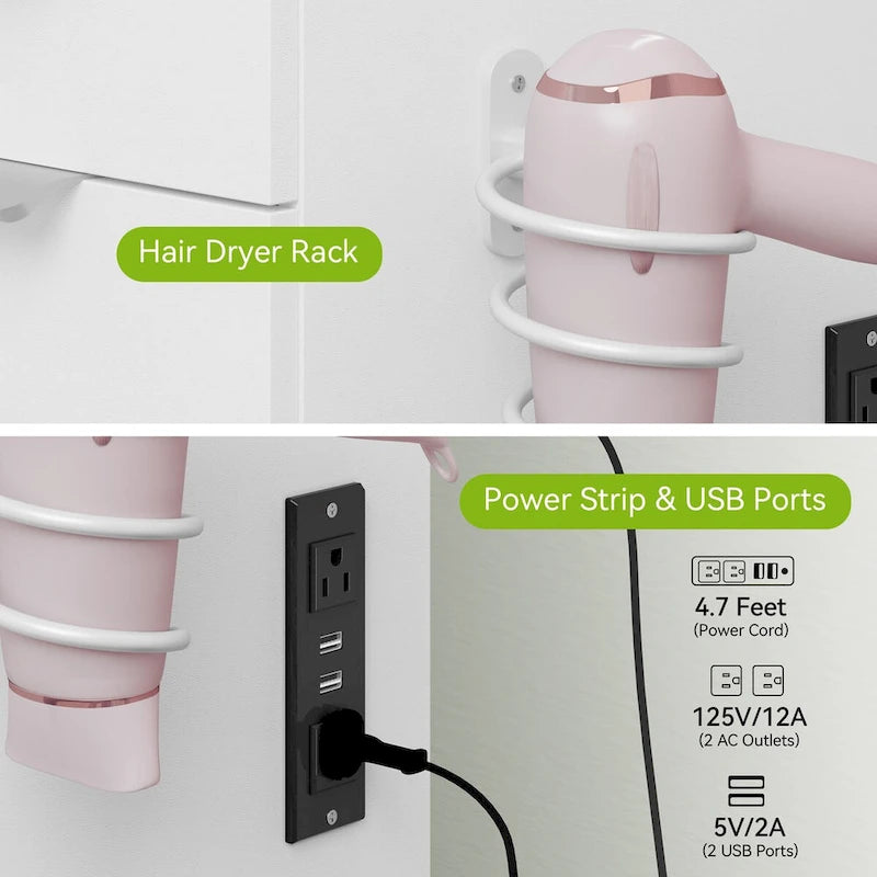 Meuble-lavabo Moasis 46 avec prise intégrée, miroir éclairé et support pour sèche-cheveux - 55,8 cm H x 46 cm L x 11,7 cm P