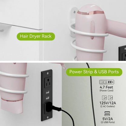 Meuble-lavabo Moasis 46 avec prise intégrée, miroir éclairé et support pour sèche-cheveux - 55,8 cm H x 46 cm L x 11,7 cm P