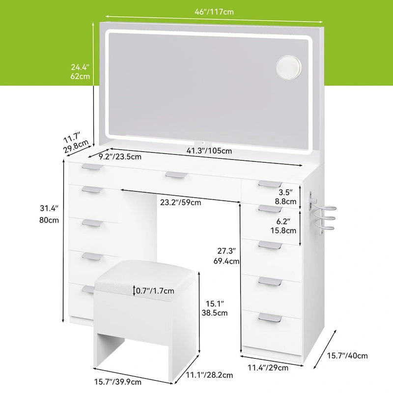 Meuble-lavabo Moasis 46 avec prise intégrée, miroir éclairé et support pour sèche-cheveux - 55,8 cm H x 46 cm L x 11,7 cm P