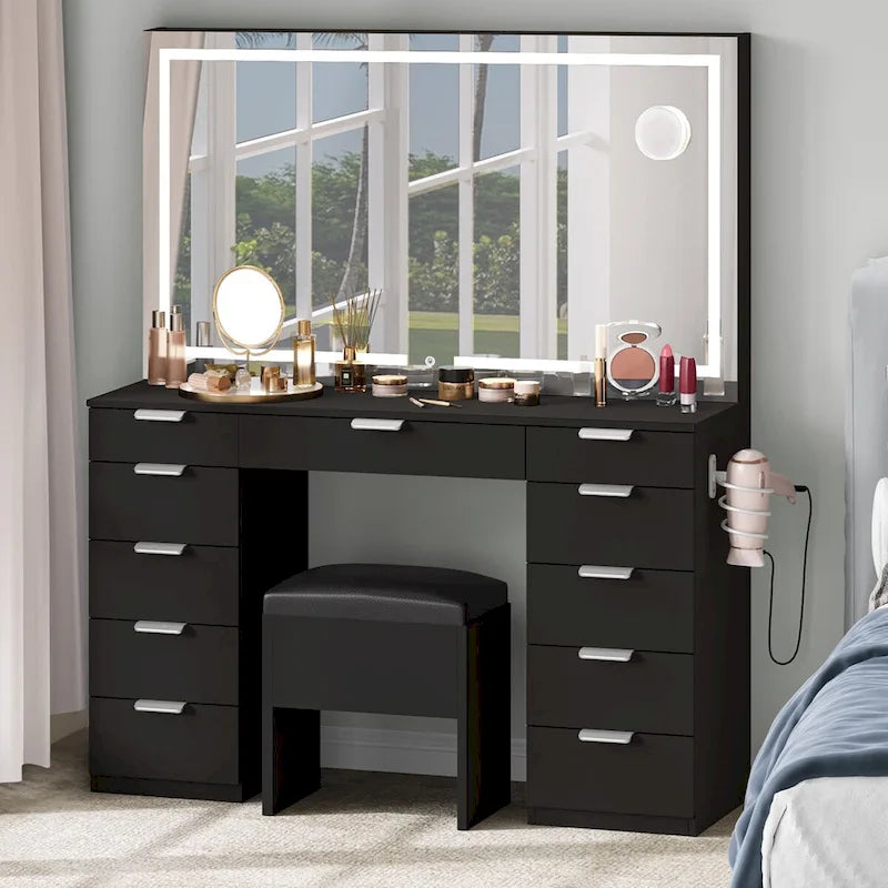 Meuble-lavabo Moasis 46 avec prise intégrée, miroir éclairé et support pour sèche-cheveux - 55,8 cm H x 46 cm L x 11,7 cm P