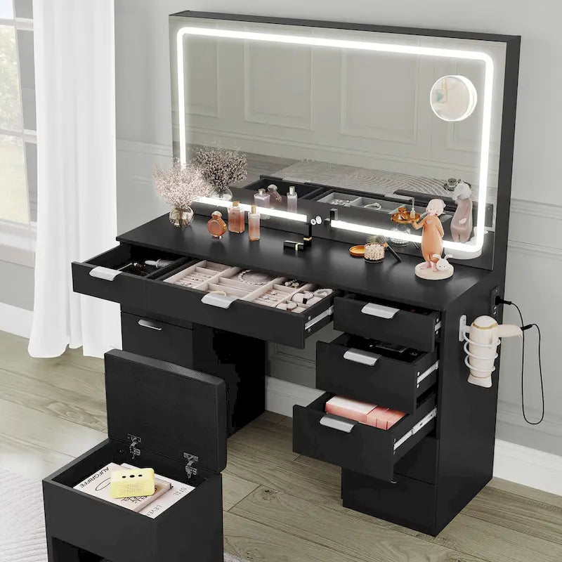 Meuble-lavabo Moasis 46 avec prise intégrée, miroir éclairé et support pour sèche-cheveux - 55,8 cm H x 46 cm L x 11,7 cm P