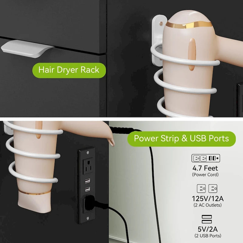 Meuble-lavabo Moasis 46 avec prise intégrée, miroir éclairé et support pour sèche-cheveux - 55,8 cm H x 46 cm L x 11,7 cm P