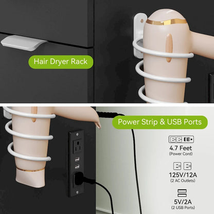 Meuble-lavabo Moasis 46 avec prise intégrée, miroir éclairé et support pour sèche-cheveux - 55,8 cm H x 46 cm L x 11,7 cm P