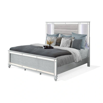 Lit Lio moderne King Size, éclairage LED, bordure miroir, revêtement capitonné en velours argenté