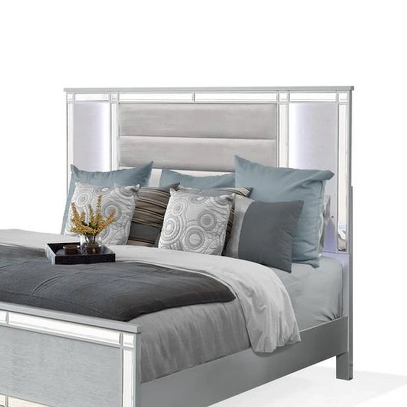 Lit Lio moderne King Size, éclairage LED, bordure miroir, revêtement capitonné en velours argenté