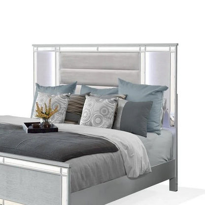 Lit Lio moderne King Size, éclairage LED, bordure miroir, revêtement capitonné en velours argenté