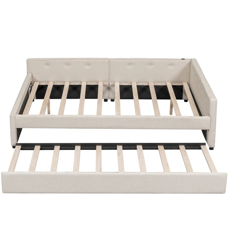 Lit plateforme rembourré Queen avec port USB et lit gigogne