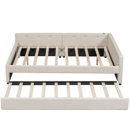 Lit plateforme rembourré Queen avec port USB et lit gigogne