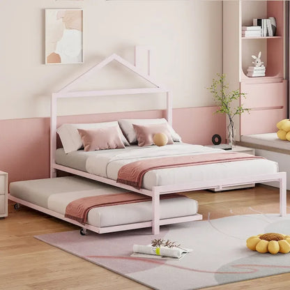 Lit plateforme en métal pleine grandeur avec lit gigogne simple