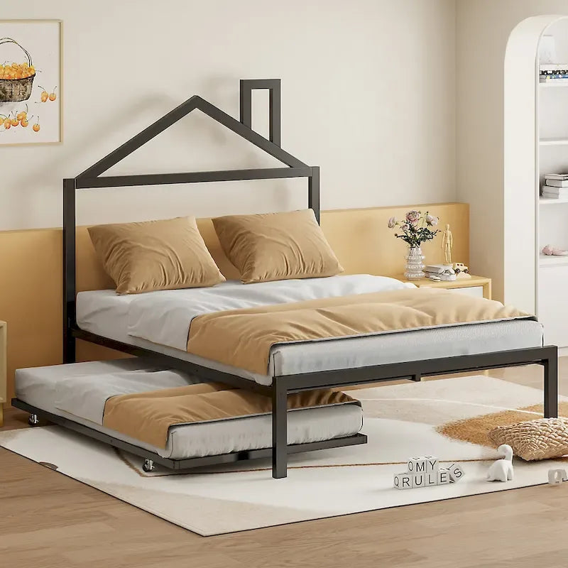 Lit plateforme en métal pleine grandeur avec lit gigogne simple