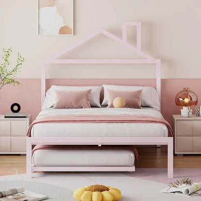 Lit plateforme en métal pleine grandeur avec lit gigogne simple
