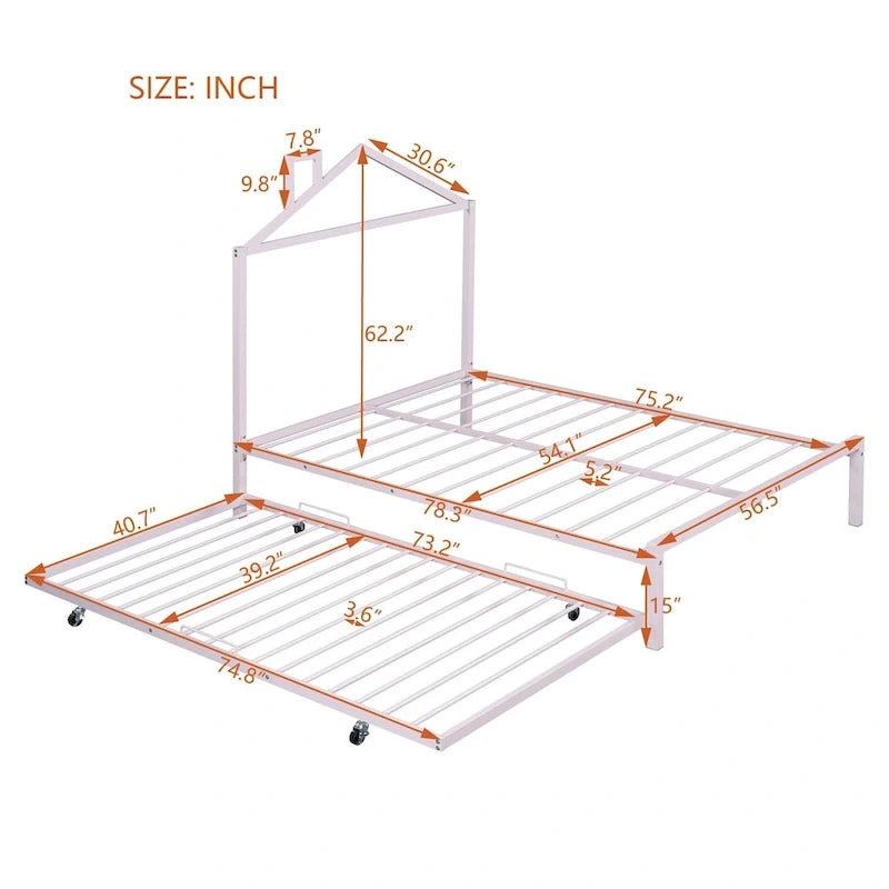 Lit plateforme en métal pleine grandeur avec lit gigogne simple