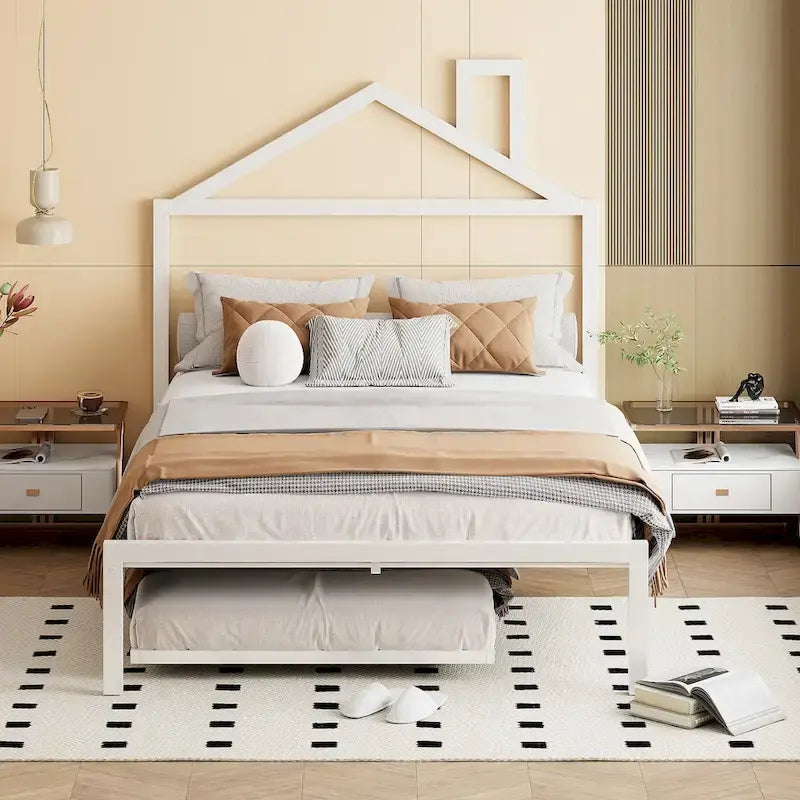 Lit plateforme en métal pleine grandeur avec lit gigogne simple
